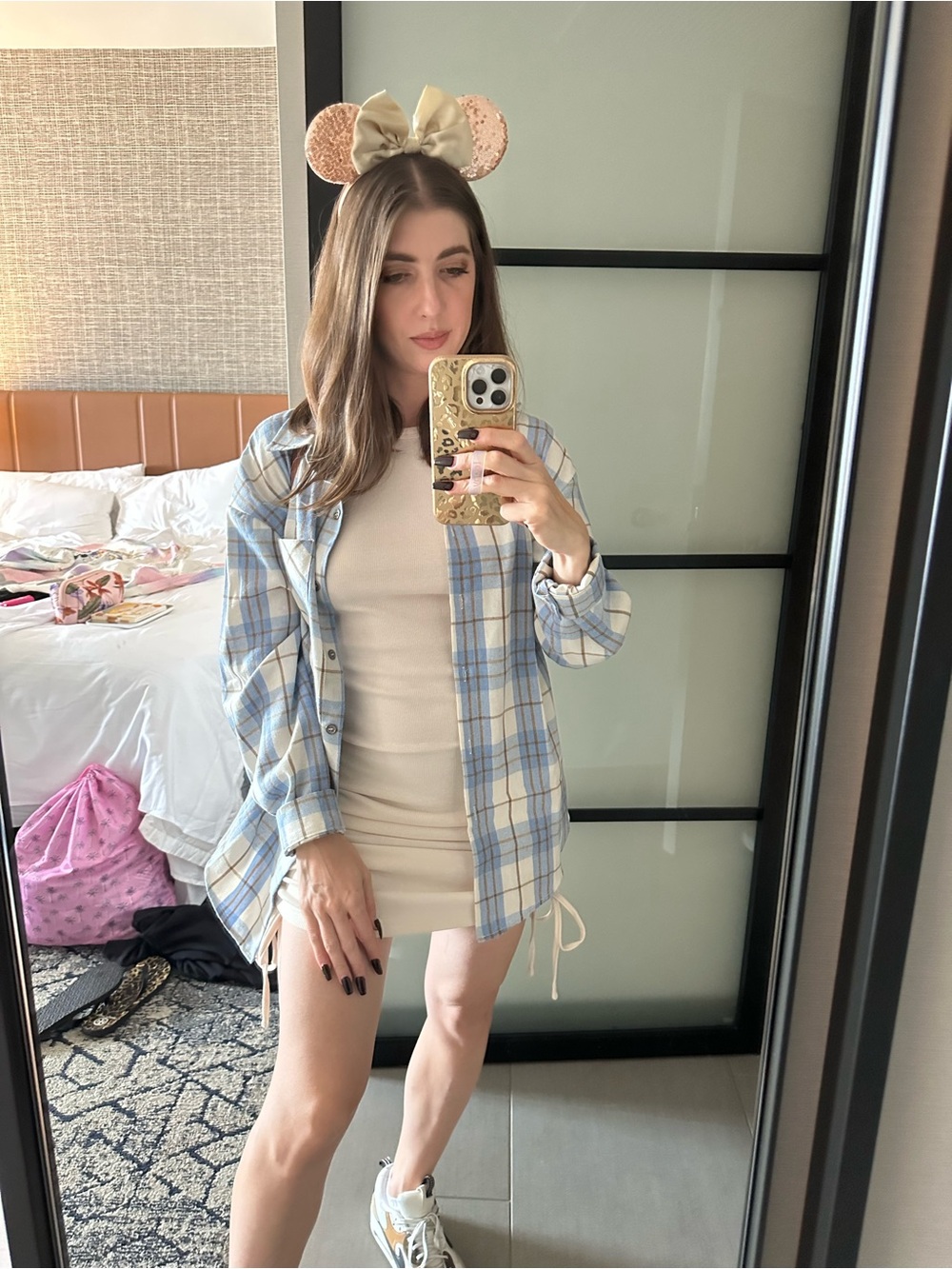 Amazon Plaid Button-Down Shirt - Light Blue, White & Brown